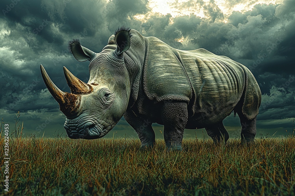 Fototapeta premium A lone rhino stands in a grassy field under a stormy sky