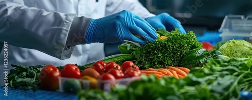 A person in gloves inspects fresh vegetables, including lettuce, tomatoes, and carrots, highlighting food safety and quality in a kitchen setting.