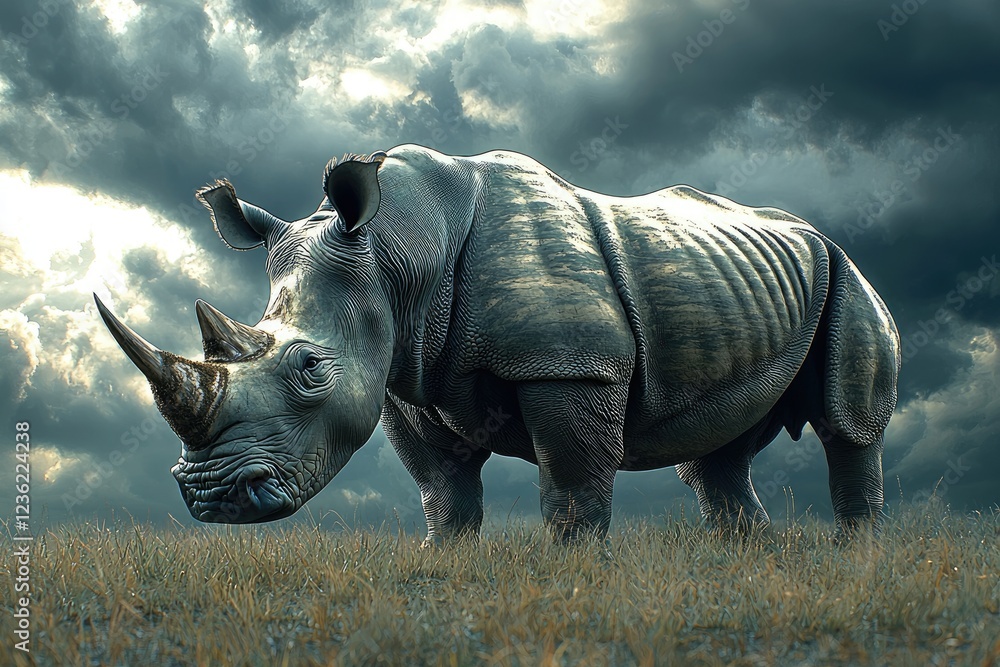 Fototapeta premium Majestic Rhino Stands in Grassy Savanna Under Stormy Skies