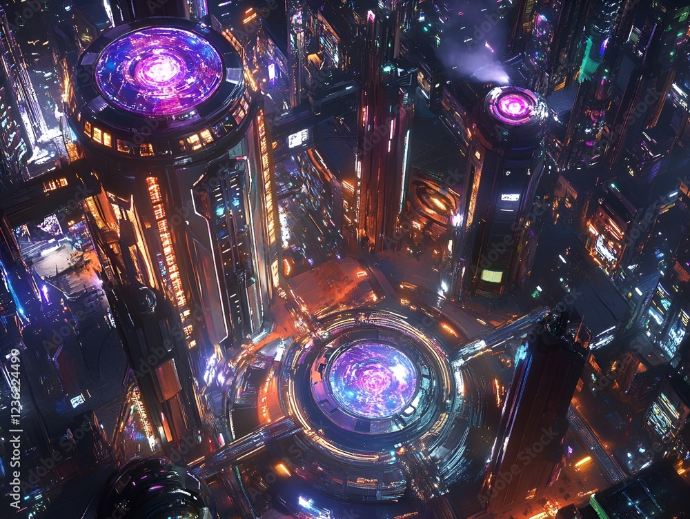 A top-down view of a futuristic city illuminated with vibrant holographic lights A top-down view of a futuristic city illuminated with vibrant holographic lights