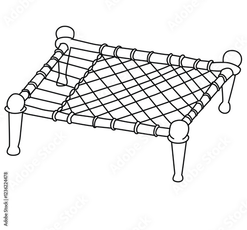 Cure cartoon hand drawn vector Asian bed or cot called charpai.