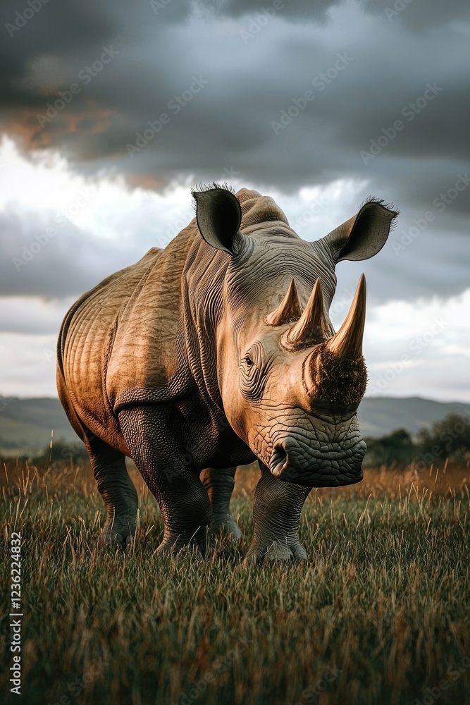 Fototapeta premium A majestic white rhinoceros stands in a grassy field