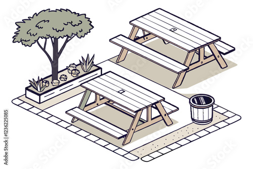 Outdoor furniture illustrations, isometric view, wooden picnic tables and benches, garden tree and potted plant, minimalist design, clean lines, light and dark wood tones, shadow details, white backgr