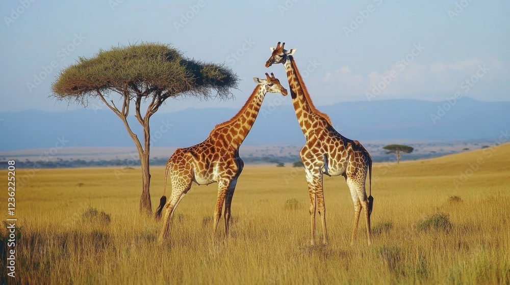 Obraz premium Two Giraffes on the African Savanna under a Sunny Sky