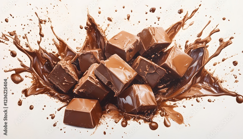 Fototapeta premium Melted Chocolate Cubes Splashing Delightfully