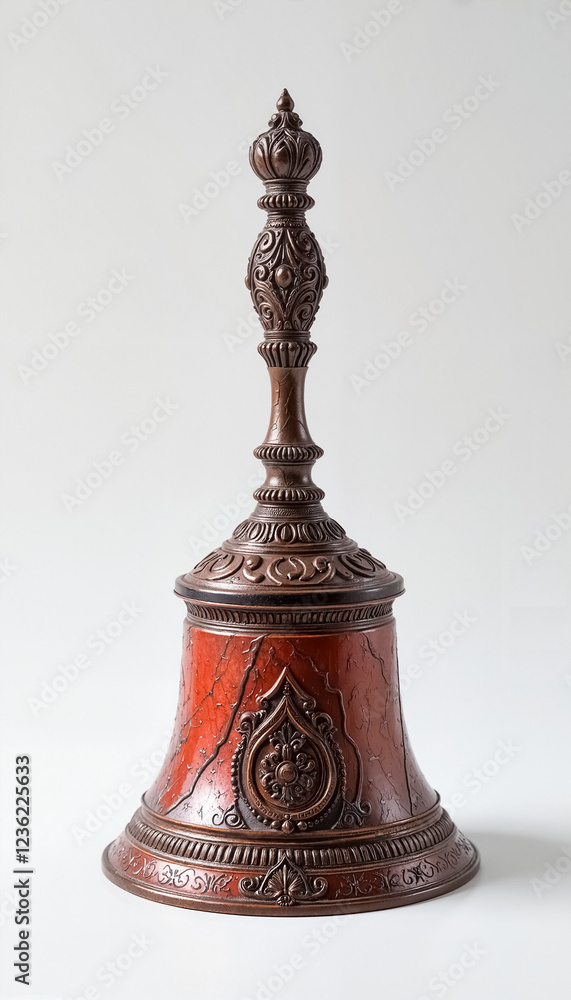 Elegant antique bell with intricate designs and rich colors on a light background with copy space Elegant antique bell with intricate designs and rich colors on a light background with copy space