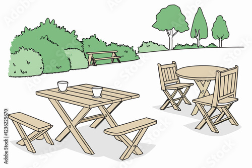 utdoor furniture set, wooden tables and chairs, garden benches, picnic tables, rustic design, natural wood tones, green bushes and trees, minimalist illustration style, flat color palette, isolated el