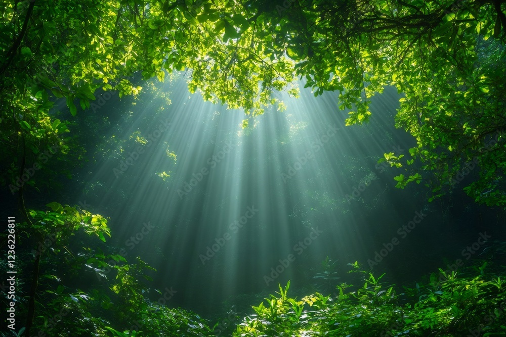 Obraz premium Sunbeams filtering through lush green forest canopy