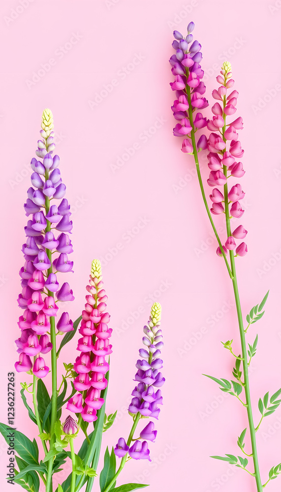 Obraz premium Summer background floral banner with lupins. Bouquet on pink background. Pink and purple lupine flowers. Summer wildflower. Lupines of different colors, vibrant. isolated with white shades
