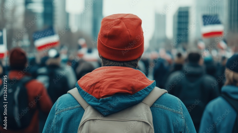 Crowd of protesters waving red white and blue flags together during a patriotic political or rally in an urban city setting Crowd of protesters waving red white and blue flags together during a patriotic political or rally in an urban city setting