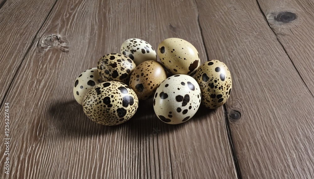 Fototapeta premium Fresh Quail Eggs on a Rustic Wooden Surface with Natural Textures