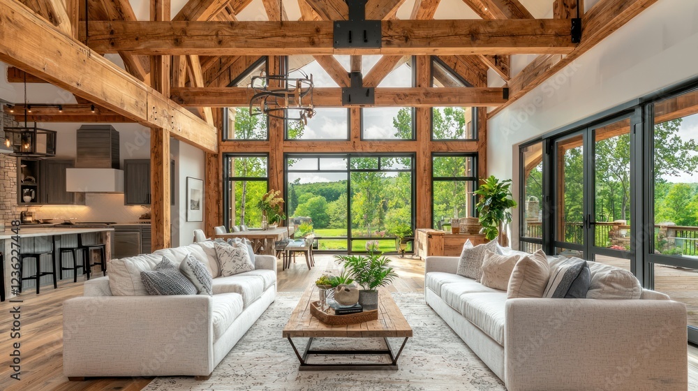 Fototapeta premium A renovated barn converted into a stylish home with exposed beams, large windows, and open-plan living areas.
