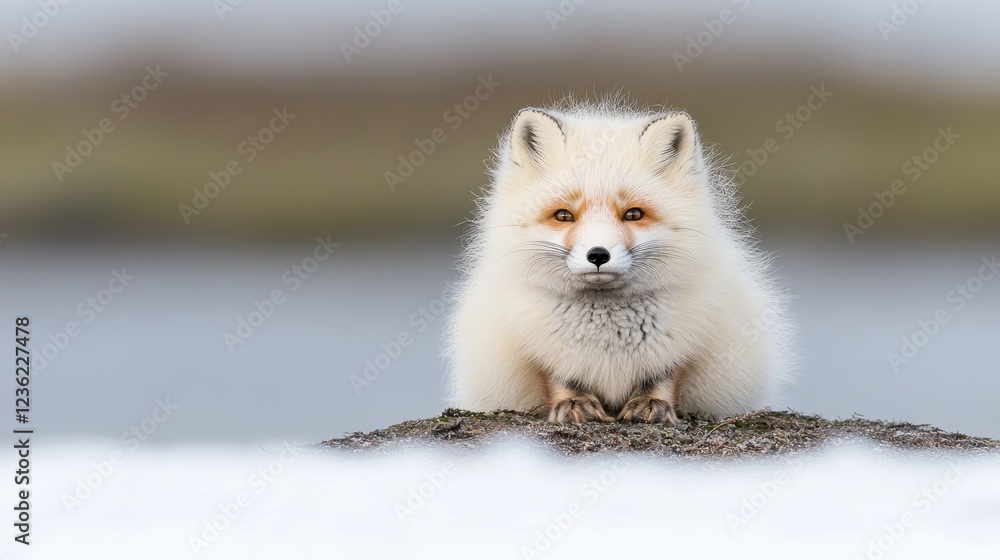 Arctic fox sitting on rock, snowy landscape. Wildlife photography for nature publications Arctic fox sitting on rock, snowy landscape. Wildlife photography for nature publications