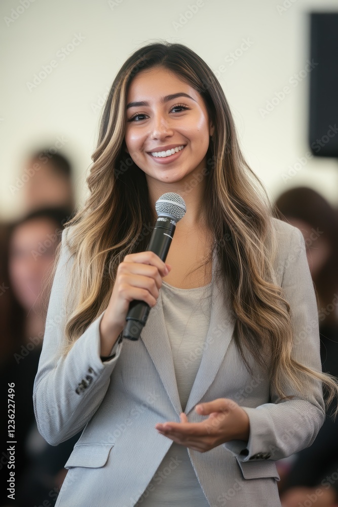 Woman speaking confidently at a corporate event with a microphone, engaging the audience, sharing insights on leadership, motivation, and career development. Woman speaking confidently at a corporate event with a microphone, engaging the audience, sharing insights on leadership, motivation, and career development.