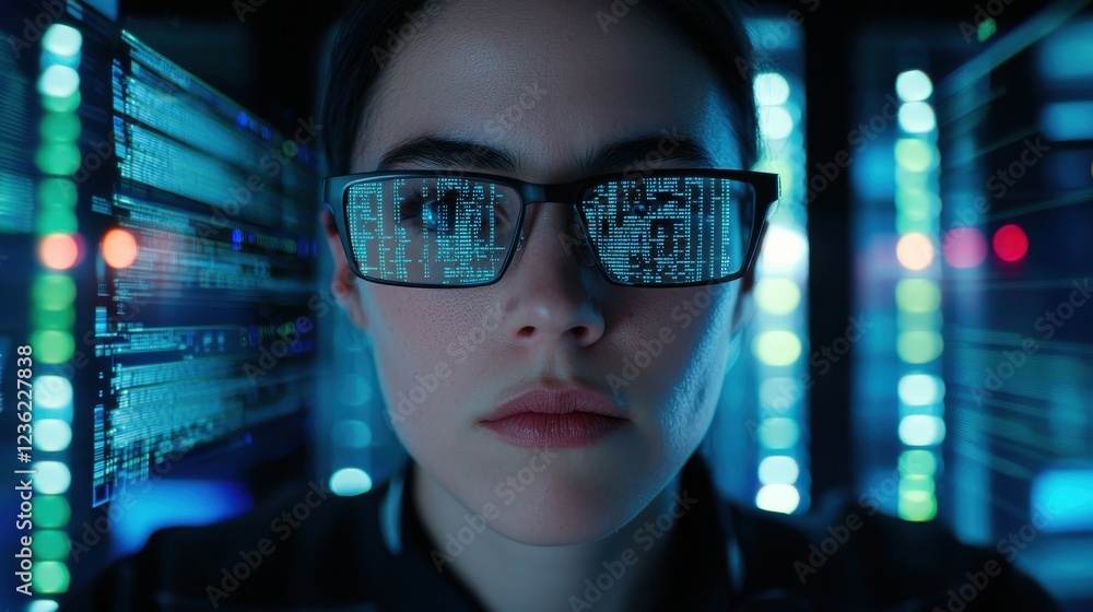 A close-up of an AI engineer monitoring deep learning algorithms on a multi-screen workstation, with cascading lines of code and statistical graphs illuminating their focused expression. The A close-up of an AI engineer monitoring deep learning algorithms on a multi-screen workstation, with cascading lines of code and statistical graphs illuminating their focused expression. The