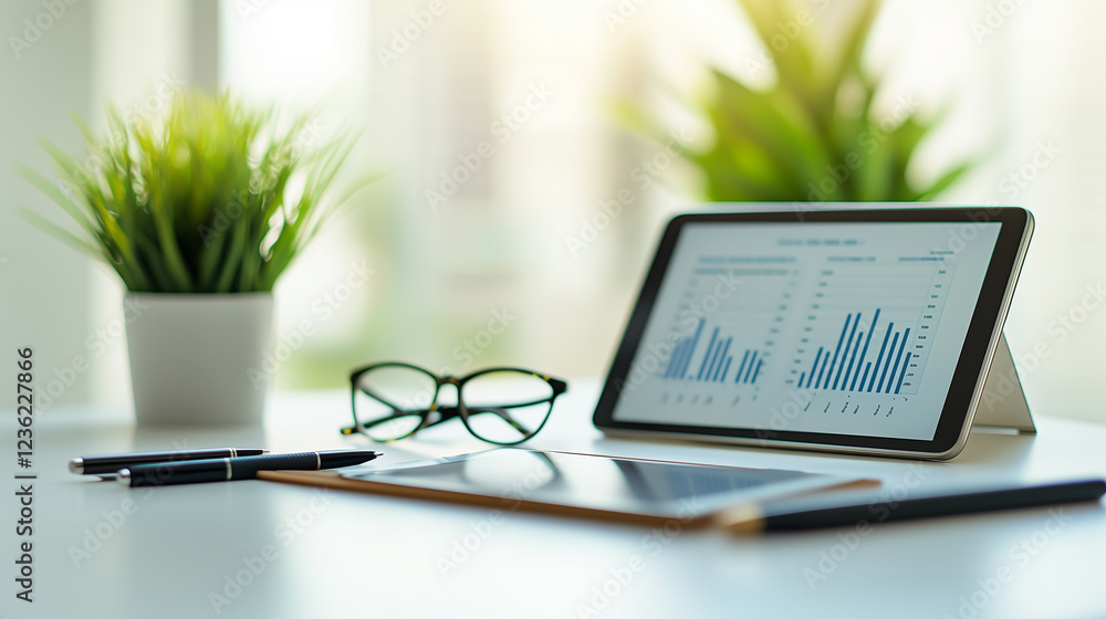 Photo of a neat white desk with a financial planner, tablet displaying financial graphs, and plants, creating a clean and organized workspace. Photo of a neat white desk with a financial planner, tablet displaying financial graphs, and plants, creating a clean and organized workspace.
