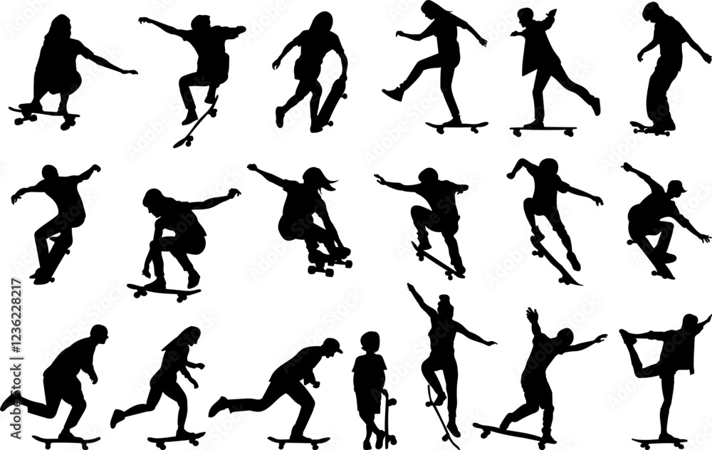 people skateboarding collection, set silhouette on white background vector people skateboarding collection, set silhouette on white background vector