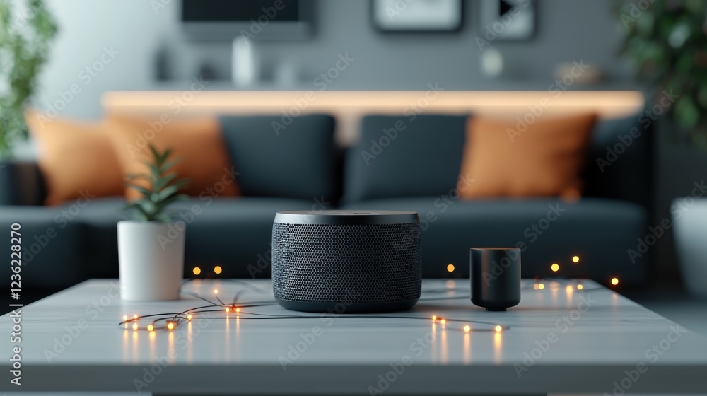 Elegant smart speaker device displayed prominently on a coffee table in a stylish minimalist living room setting The speaker is surrounded by glass accents and ambient lighting Elegant smart speaker device displayed prominently on a coffee table in a stylish minimalist living room setting The speaker is surrounded by glass accents and ambient lighting