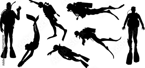 scuba divers collection, set silhouette on white background vector