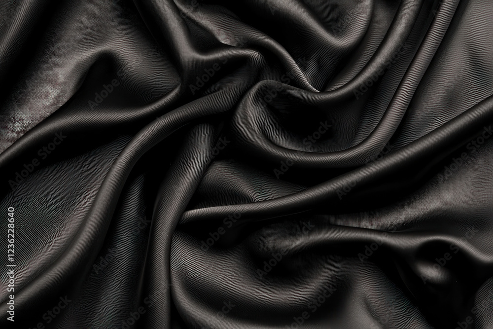 Fototapeta premium Luxurious deep black fabric folds create elegant texture, enhanced by soft lighting that highlights smoothness and richness of material
