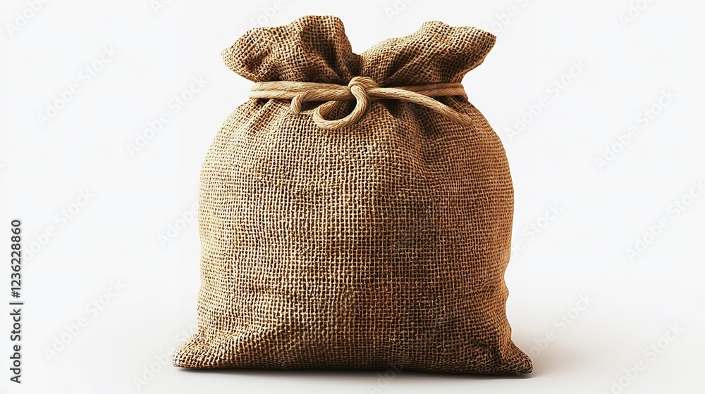 Rustic burlap sack with tied rope on a white background Rustic burlap sack with tied rope on a white background