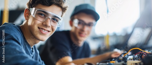Young men working together on engineering project in workshop, focused on electronics assembly or repairs, showcasing teamwork and hands-on learning in technology.
