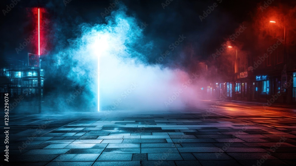 Obraz premium Neon City Street at Night with Blue and Red Lights