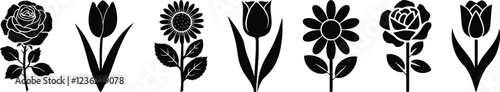 Set of roses, sunflowers and tulips black and white vector spring flowers, Retro vintage  style groovy daisy flowers set, silhouettes floral design isolated on white background.