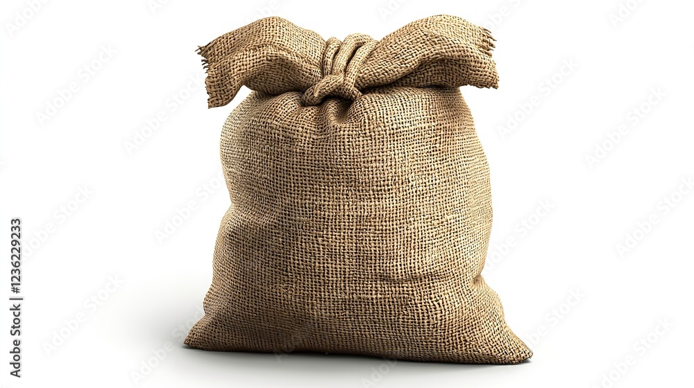 Rustic burlap sack with tied rope on a white background Rustic burlap sack with tied rope on a white background