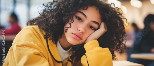 Young woman with curly hair resting her chin on her hand, looking pensively in a bustling cafe, capturing emotional expression and urban lifestyle. photo