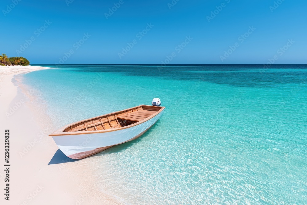 Fototapeta premium Exclusive private beach with crystal clear turquoise waters and a wooden boat gently resting on the pristine sandy shore