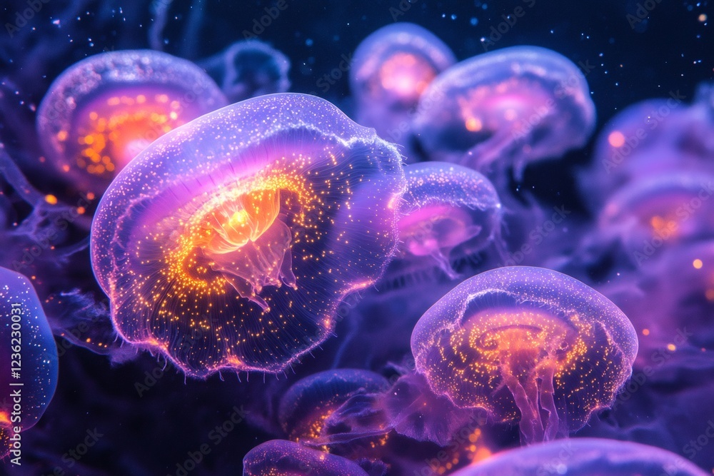 Glowing jellyfish swimming in dark ocean depths creating a magical scene Glowing jellyfish swimming in dark ocean depths creating a magical scene