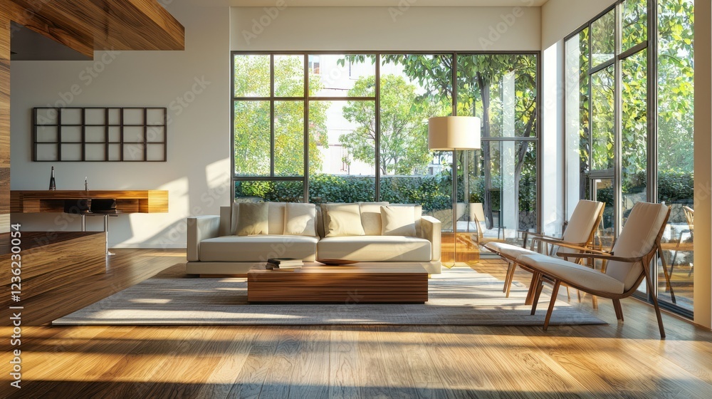 Fototapeta premium A beautifully finished basement with modern furniture, wooden floors, and plenty of natural light.