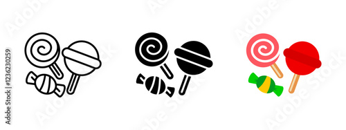 Candy icon. Lollipop vector illustration. Sweet dessert symbol. Sugar-coated treat sign. Round caramel pictogram. Swirl hard candy concept. Colorful bonbon with stick isolated design.