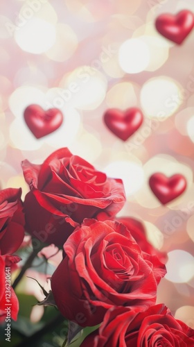 Red roses with floating hearts on blurred bokeh background for romantic use.