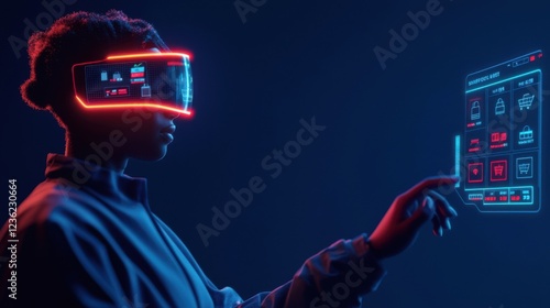 A futuristic digital shopping experience for eco-conscious consumers, a holographic interface displaying sustainability ratings for products, a user navigating an augmented reality store with an AI