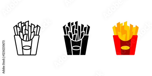 French fries icon. Crispy potato snack sign. Golden fried sticks symbol. Fast food box pictogram. Salty and crunchy chips illustration.