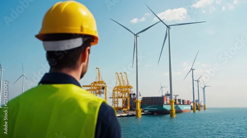 A futuristic shipping port operating with zero carbon emissions, autonomous electric cargo ships docked alongside massive offshore wind turbines, cranes powered by renewable energy smoothly lifting