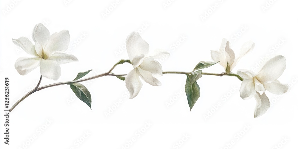 White flower branch with green leaves White flower branch with green leaves