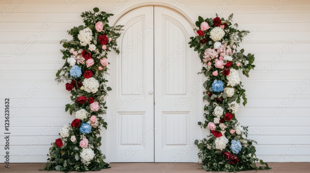 Elegant arched wooden doorway adorned with a lush cascading floral wreath featuring red white and blue flowers greenery and foliage creating a beautiful inviting entryway for a holiday wedding Elegant arched wooden doorway adorned with a lush cascading floral wreath featuring red white and blue flowers greenery and foliage creating a beautiful inviting entryway for a holiday wedding