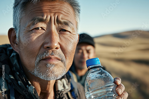 Old Man with Water Bottle in Desert Landscape 
