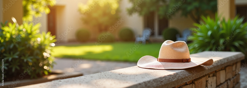 Fototapeta premium Straw hat resting on stone wall in sunny garden