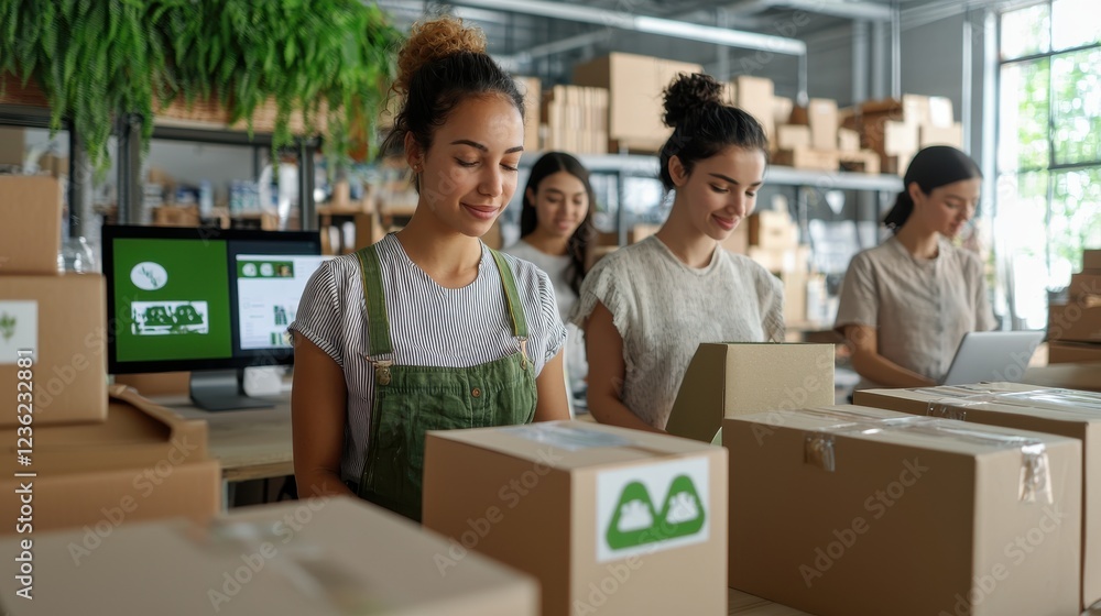 Fototapeta premium A diverse group of young professionals launching a green e-commerce business from a shared workspace, surrounded by packaging made from recycled materials, shipping boxes labeled with eco-friendly