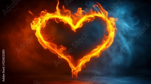 A heart made of fire is lit up in the dark. The fire is blue and red, and the heart is surrounded by smoke. Concept of danger and passion, as the fire represents both love and destruction