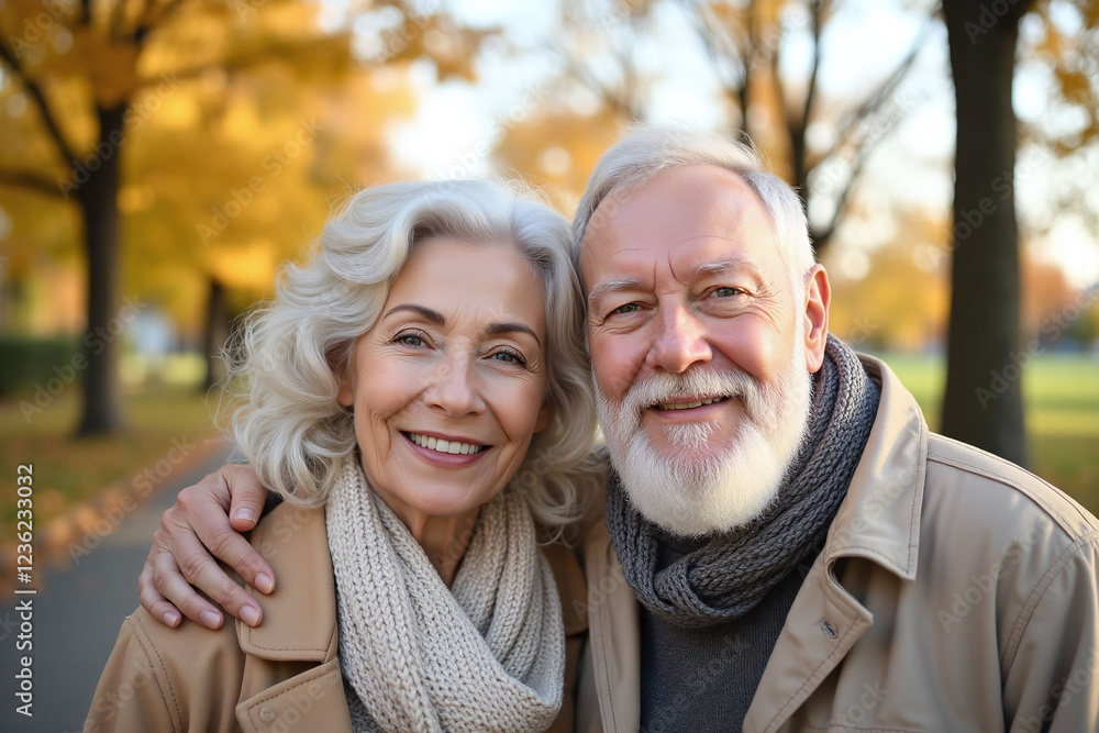 elderly couple standing in park like setting late afternoon elderly couple standing in park like setting late afternoon