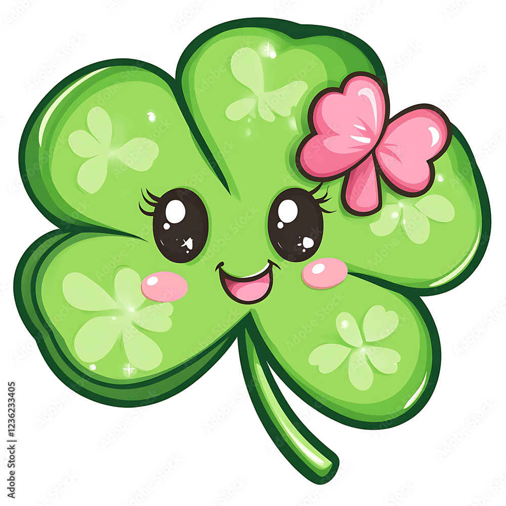 Cute Cartoon Clover with Kawaii Eyes and Pink Bow on transparent background Cute Cartoon Clover with Kawaii Eyes and Pink Bow on transparent background
