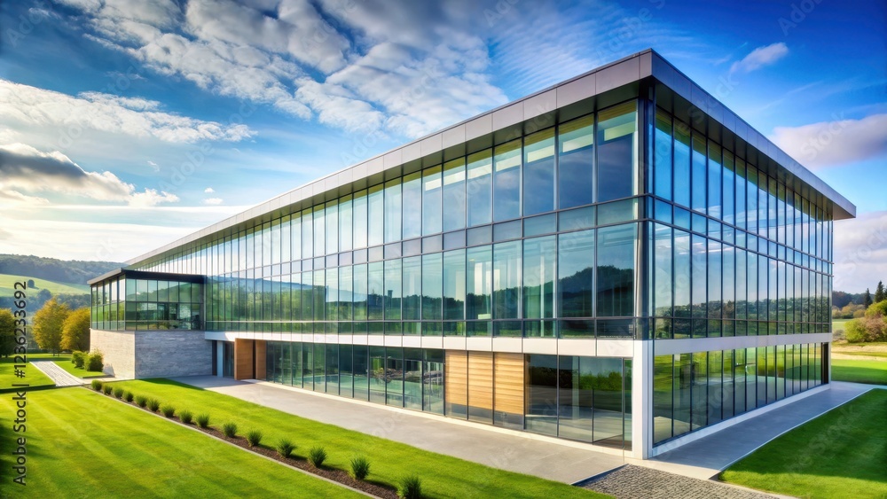 Obraz premium A contemporary university building with sleek glass walls and a minimalist facade, set against a backdrop of rolling hills and a bright sunny day , sleek glass walls, campus life