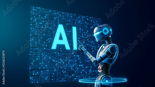 A futuristic robot interacts with a digital screen displaying 