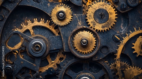Closeup of old clock face with gears. Time management concept.