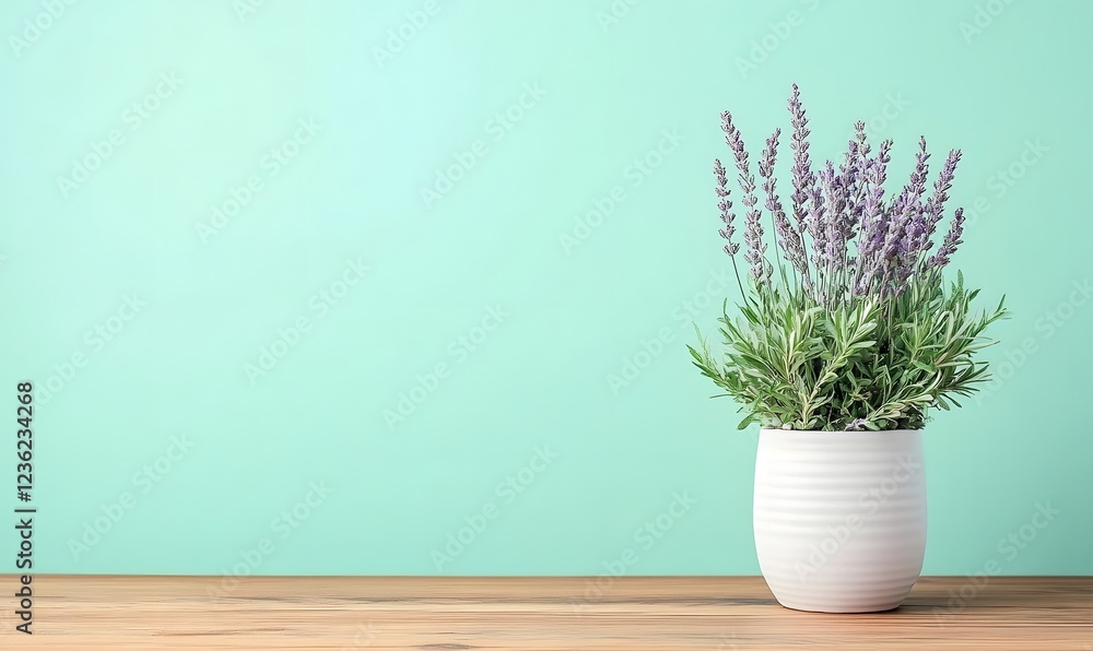 Fototapeta premium Lavender Rosemary Potted Plant on Wooden Table